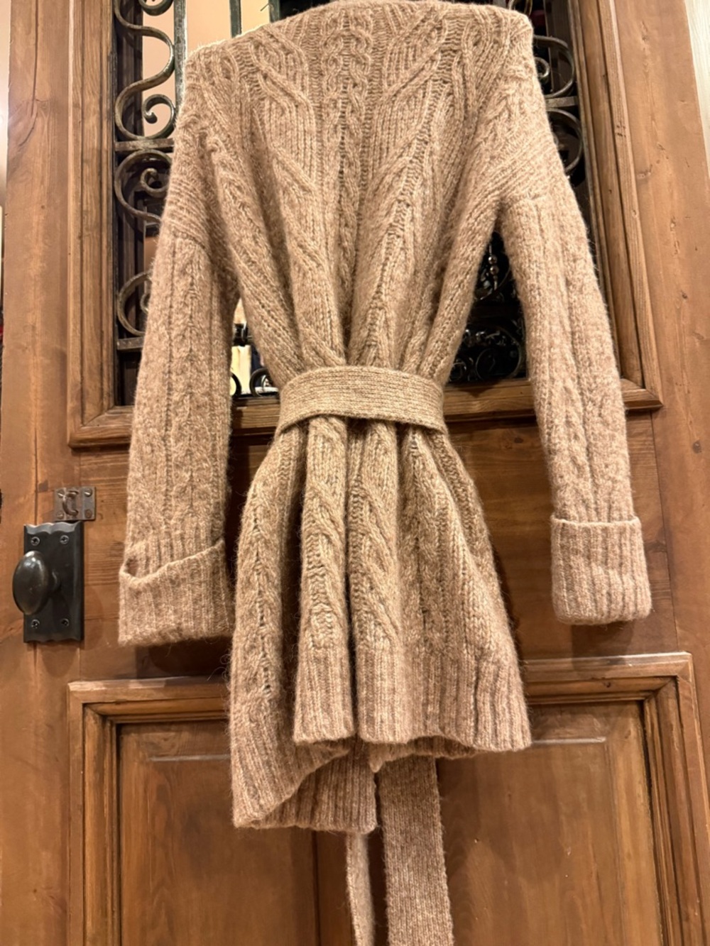 Garnet Hill Alpaca Wool Cable Knit Belted Cardigan Sweater Neutral Small S - Picture 3 of 7